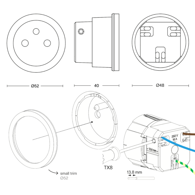 ROND 2.0 stopcontact wit - randaarding - aluminium